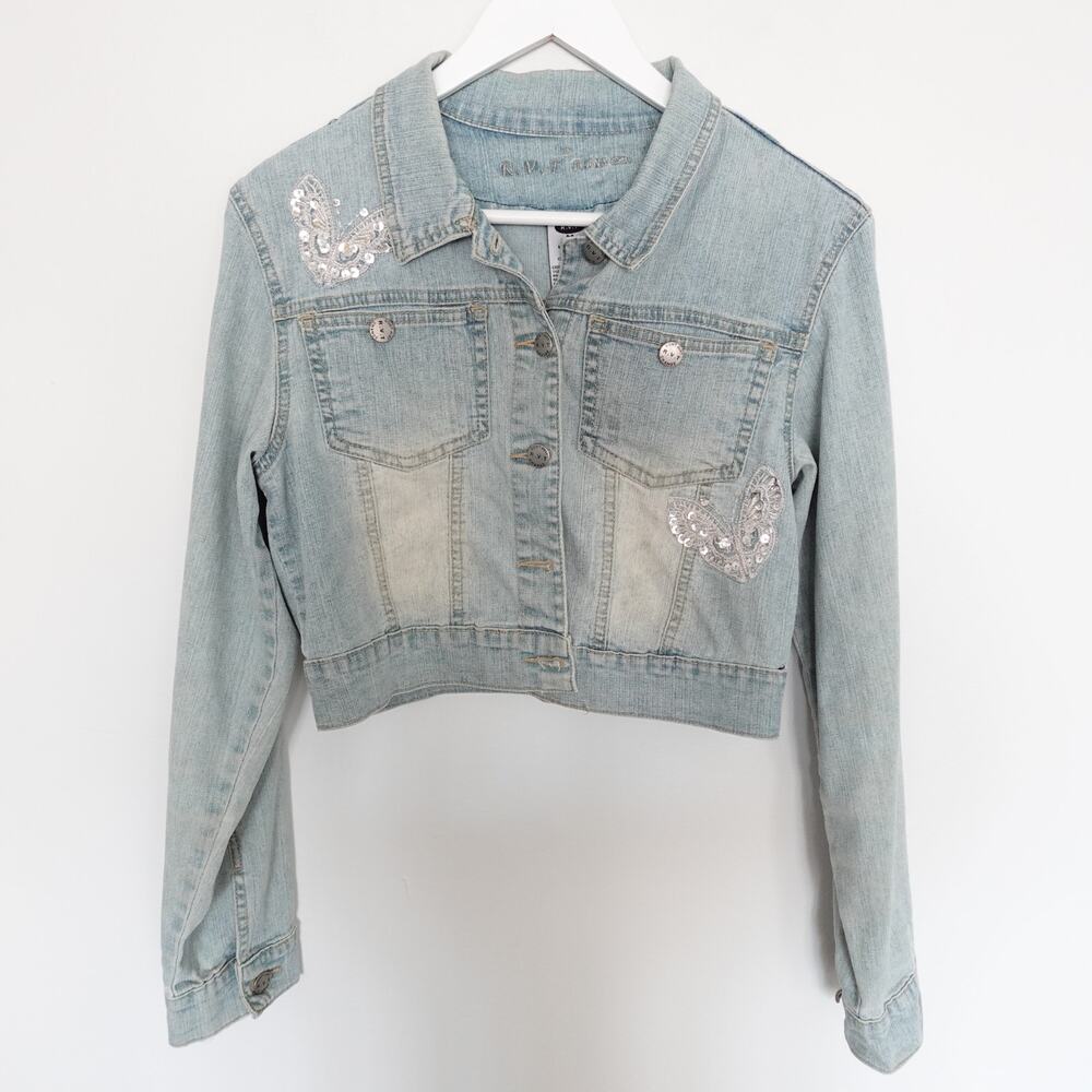 Vintage Y2K Butterfly Sequin Crop Light Denim Jacket Fairy Dopamine Cute 2000s